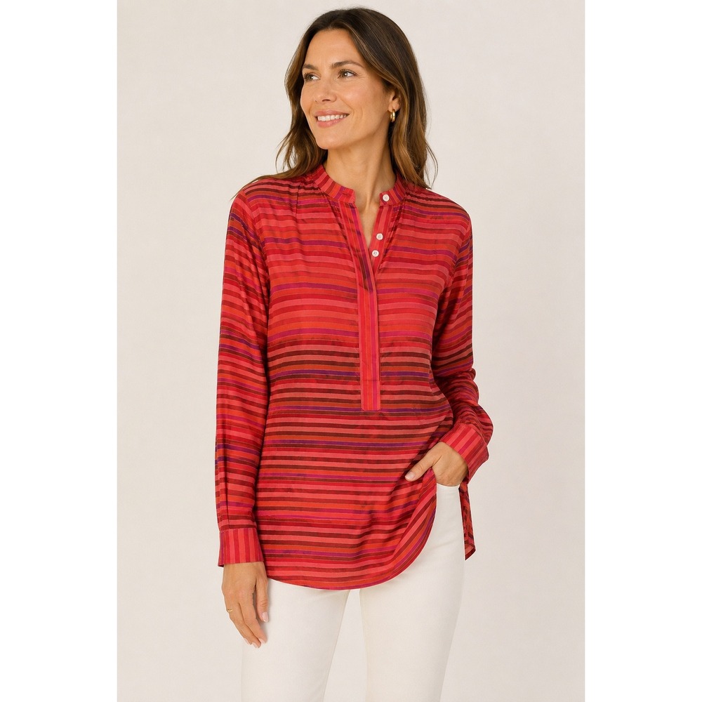 Ann Mashburn XS 100%‎ Silk Striped Popover Tunic Blouse Band Collar Red